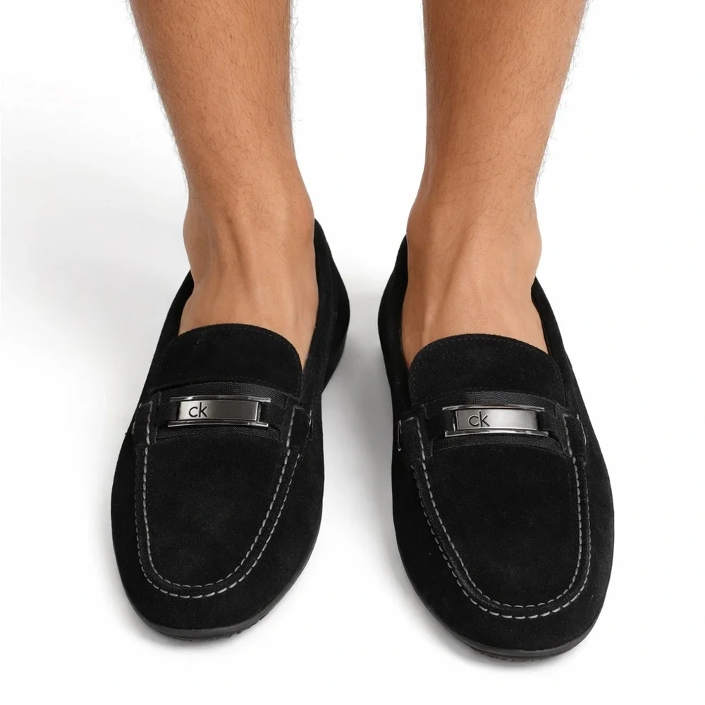 3/for $15 🍒 CALVIN KLEIN Black Suede Slip-On Loafers, Metal Logo (Men’s 7.5)
